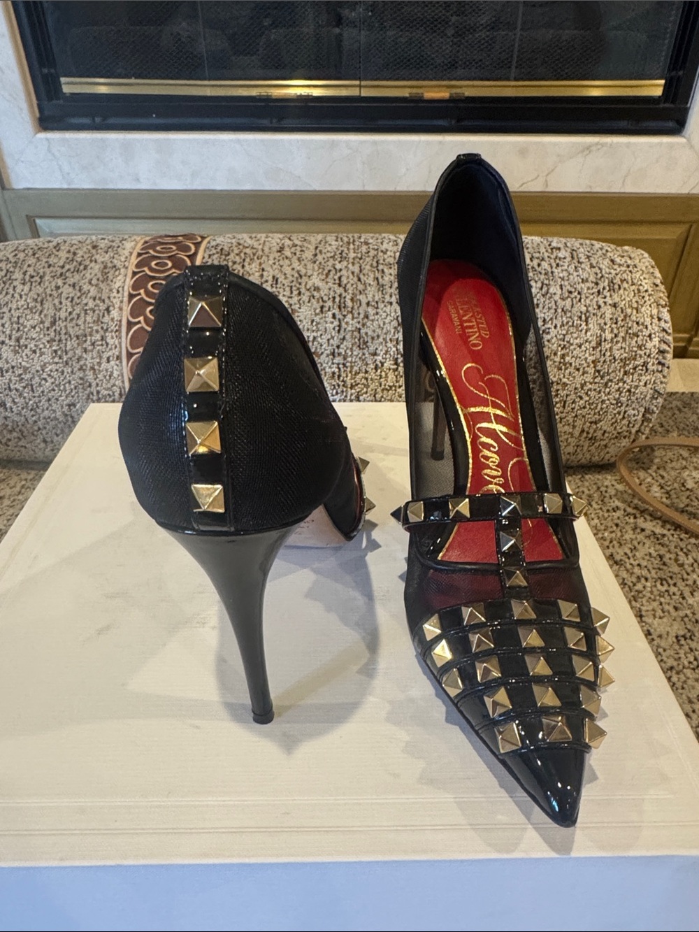 Valentino Garavani Black Pointed-Toe Studded High Heels with Gold Accents